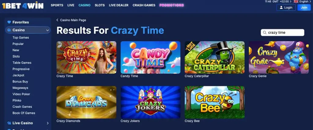 Crazy Time search result shown in the 1bet4win live casino lobby