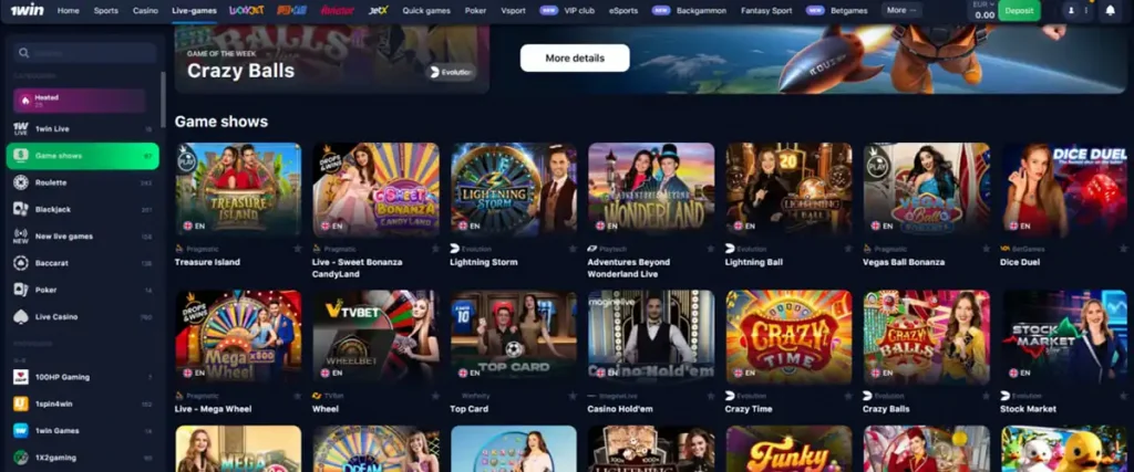 How to find Crazy Time at 1win in the Game Shows section