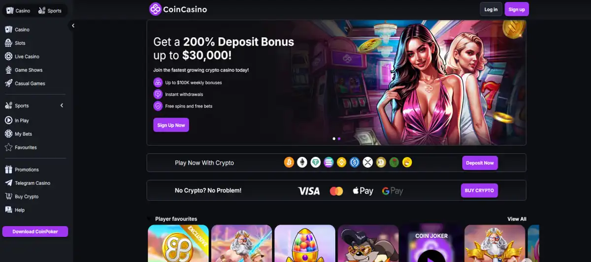 CoinCasino platform overview with crypto deposit and bonus details