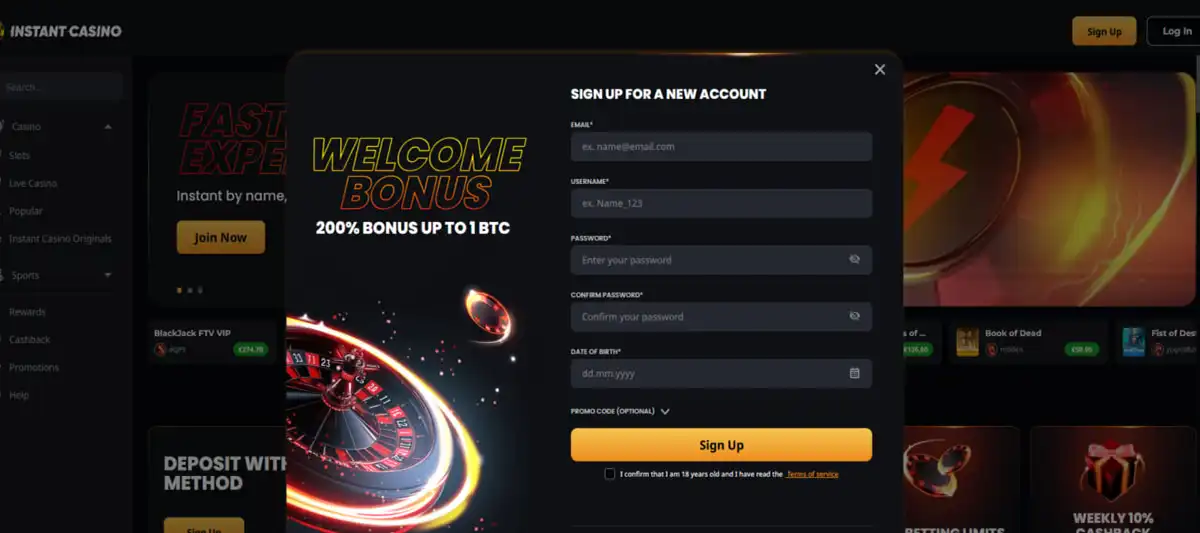 Table of core characteristics Instant casino including licensing, payments, and promos