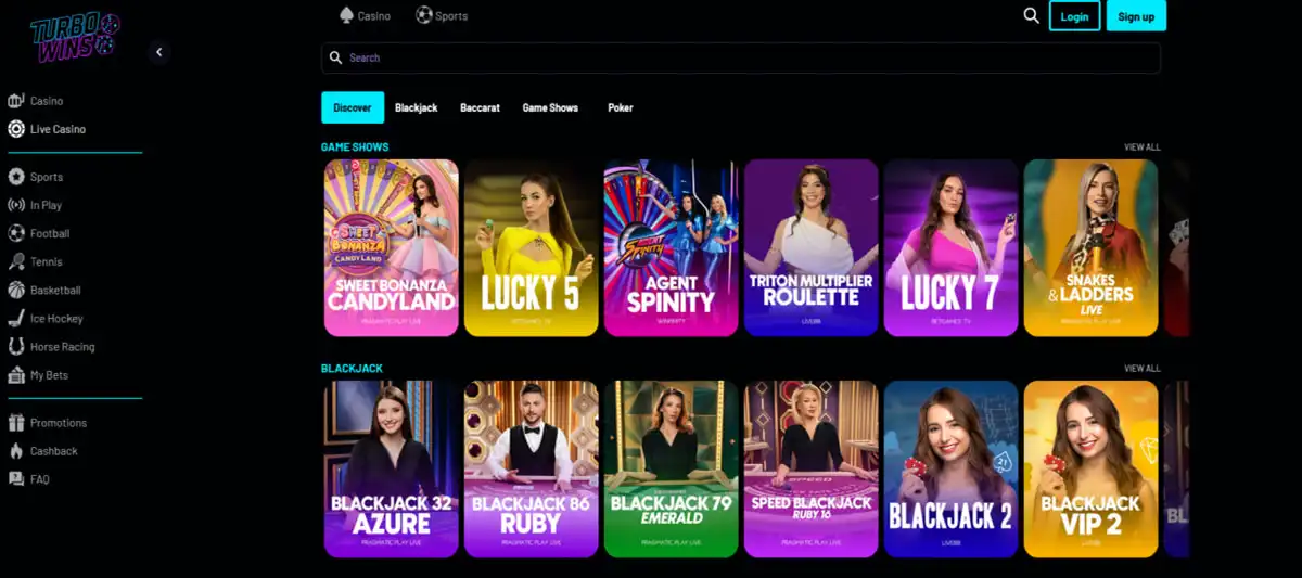 Crazy Time TurboWins game library at TurboWins with slots, table games, and live shows
