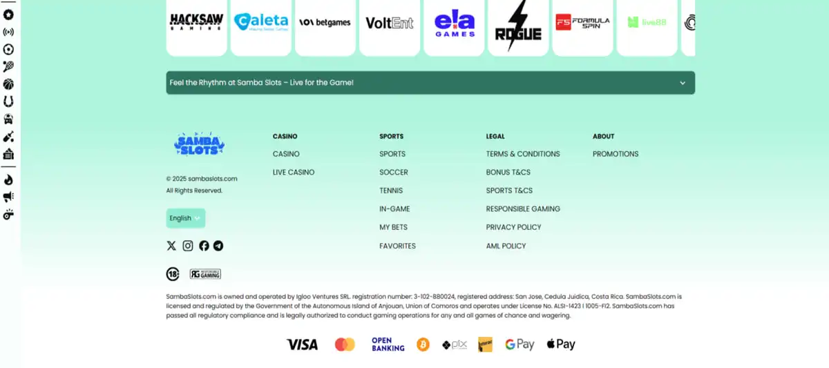 Deposits and withdrawals at Samba slots casino