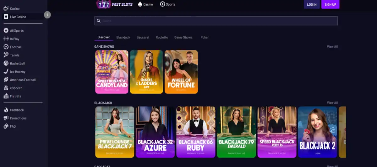 Available entertainment on Fast Slots including slots and live games
