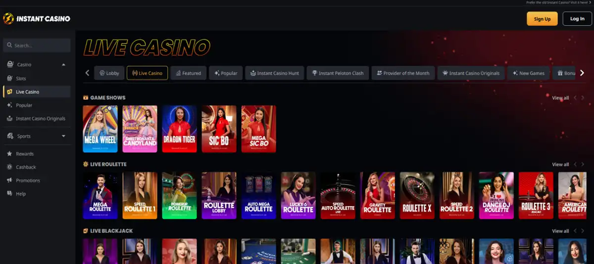 Game sections Instant casino