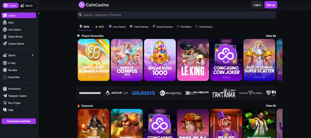 Games at CoinCasino including slots, live tables, and shows