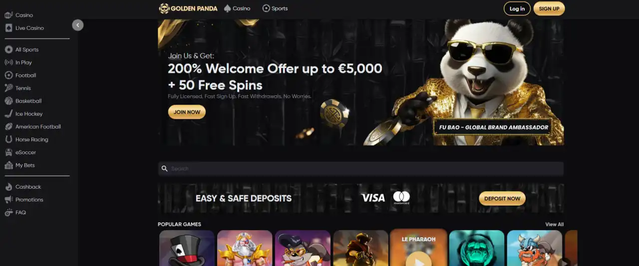Golden Panda logo and brand ambassador in gold suit