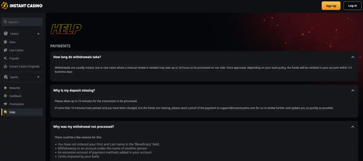 Withdrawals Instant casino